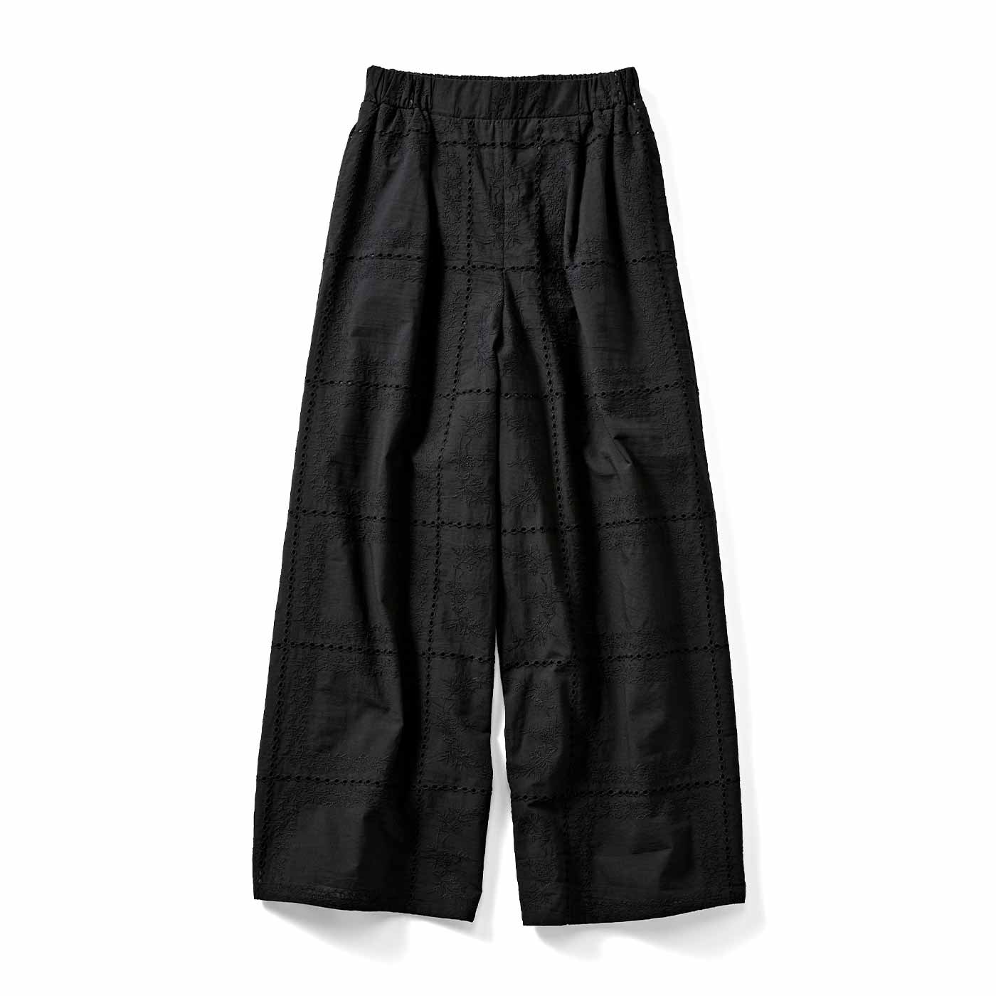 IEDIT|コットン100％ レース刺しゅうがぜいたくなレースワイドパンツ〈ブラック〉